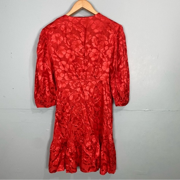 Sandro Azelie Red Mini Dress Floral V Neck Half Sleeve Silk‎ Blend Sz 40 L - Picture 3 of 6